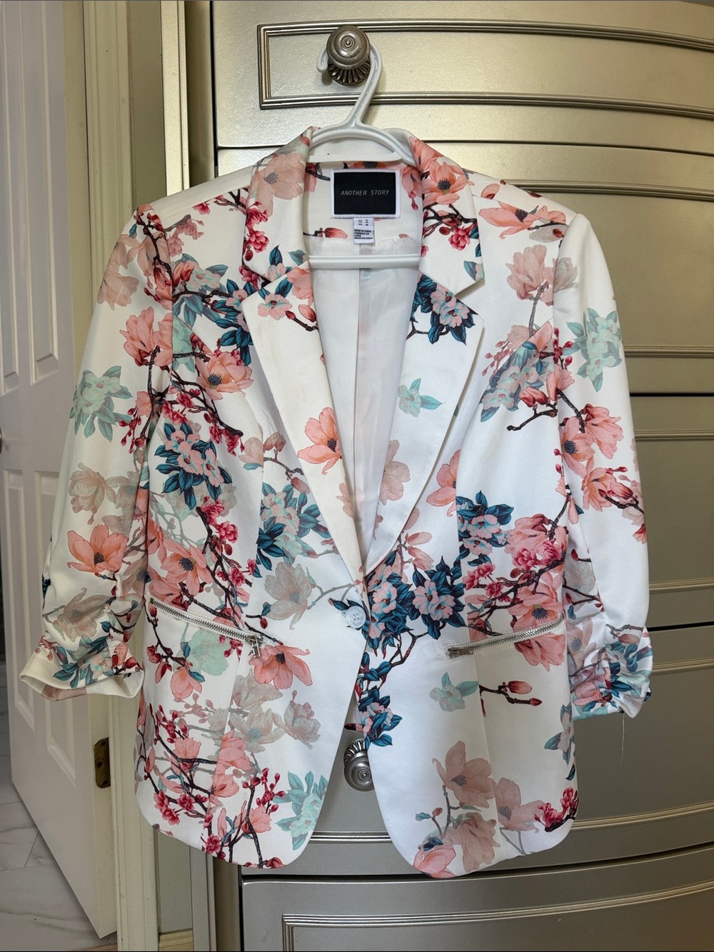 White Floral Blazer with Pink & Teal Accents